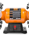 Heavy Duty Eight Inch Bench Grinder With A No Fuss Three Amp Motor And Soft Start Switch for sharpening tools at home.
