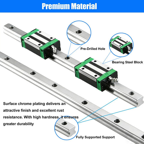 Durable 300mm Linear Guide Rail Kit With Four Bearing Blocks showing chrome plating and pre-drilled holes for CNC routers.