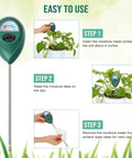 4 Pack Long 15.8 Inch Soil Moisture Meters With Deep Probes showing usage steps with a plant and sensor readings.