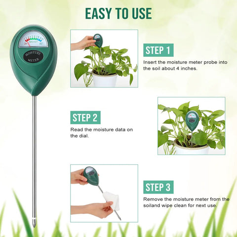 4 Pack Long 15.8 Inch Soil Moisture Meters With Deep Probes showing usage steps with a plant and sensor readings.