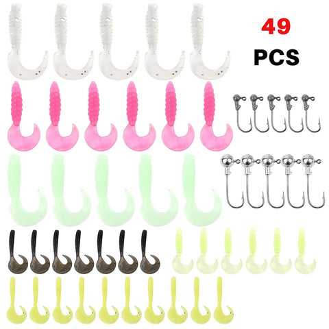 All In One Fishing Gear Kit With 2 Telescopic Poles And 2 Spinning Reels, 39 Soft Lures, 10 Hooks, colorful soft lures and hooks displayed