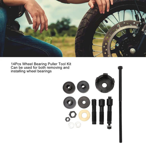 Premium Heavy Duty 14 Piece Wheel Bearing Puller And Remover Tool Set Installation Kit For Motorcycle Bikes With Case For 0.75 Inch 1 Inch And 25mm Bearings Pro Garage Gear To Keep Your Whip Running Smooth Every Day When Traveling, 14-piece steel kit laid out for motorcycle wheel bearing removal and installation