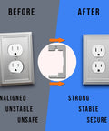 Before and after using Go-To Wall Plate Spacer Kit Ten Pack Metal Leveling Plates For Flush Fit Receptacle Spacers And Outlet Shims.