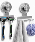 Two Pack Beefy Aluminum Suction Cup Razor Holder For Shower No Sweat Setup On Tile, featuring razors and a bath loofah.