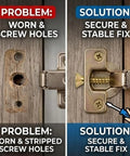 Before and after comparison of cabinet hinge repaired using 6x14mm Short Expansion Hinge Repair Screws Kit for Cabinet Door Hinges.