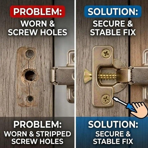 Before and after comparison of cabinet hinge repaired using 6x14mm Short Expansion Hinge Repair Screws Kit for Cabinet Door Hinges.