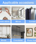 Image showing usage scenarios for Ultimate Self Drilling Drywall Anchors Kit with smoke alarm, mirror, curtain, blinds, chandelier, photo frame.