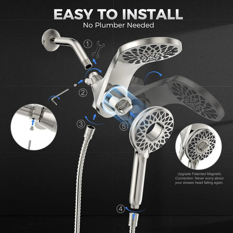 Premium High Pressure Rain Shower Head With Handheld Spray Combo Boasting Patented Magnetic Dock For Full Body Rainfall And Super Smooth No Sweat Relaxation Vibes Chrome Finish