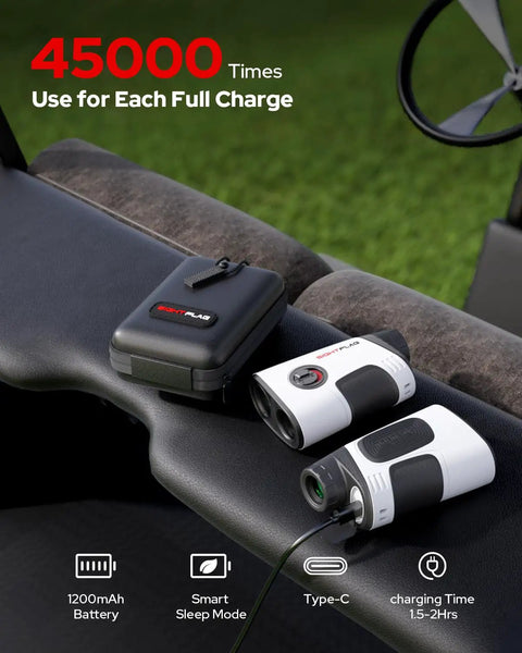 Next Level Laser Golf Rangefinder with Slope and 1300 Yard Range, 7.5X Magnification shown on golf cart with case