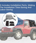 Soft Top Replacement For Wrangler JK 2 Door 2010 To 2017 with tinted windows on red Jeep, includes parts for easy install