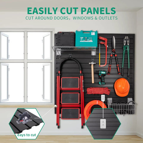 Black Slat Wall Paneling For Garage Storage with tools and ladder, Heavy Duty Slatwall Panels With Power Tool Organizer Wall Mount