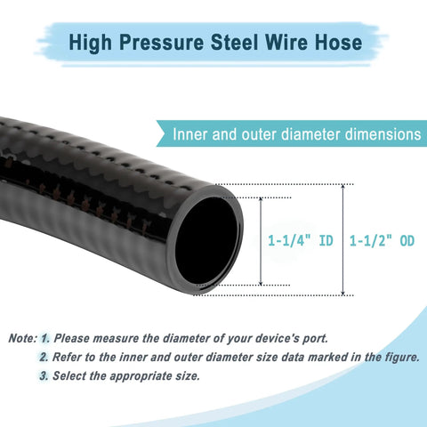 Heavy Duty Reinforced Steel Wire Water Hose 1-1/4 Inch By 10 Foot Black Flexible Vinyl Tubing For Pool Suction And Drain No Kinking Or Collapsing With 2 Clamps dimensions