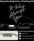 Diagram of 'It Was Always You' neon sign with dimmer, showing 8 adjustable brightness and 5 flashing effects.