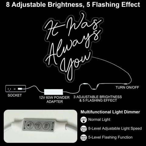 Diagram of 'It Was Always You' neon sign with dimmer, showing 8 adjustable brightness and 5 flashing effects.