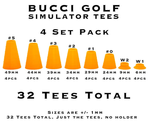 Image of 32-piece Bucci Golf Simulator Tees Set for Home Practice showing different sizes: 6mm to 49mm. Protects screens and shafts.