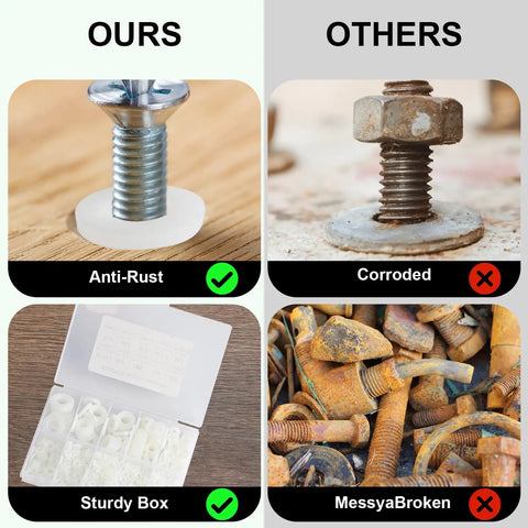 Comparison of 680 Pcs White Nylon Washers Set For Bolts And Screws with rusty alternatives in use and packaging.