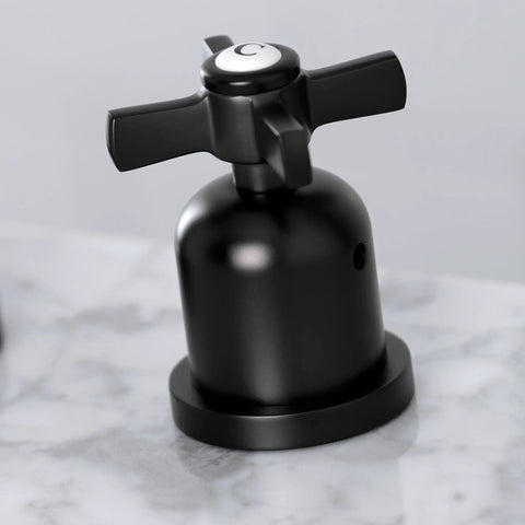 Close-up of a handle from 8 Inch Widespread Bathroom Faucet With Dope Matte Black Finish And Pop Up Drain Built To Last Solid Brass Construction Deck Mount Three Hole Setup 1.2 Gpm Flow Includes Matching Drain