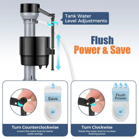 Universal Toilet Flusher Replacement Kit With Adjustable Fill Valve, Water Saving Quiet Anti Siphon Inside Tank 2 Inch Flapper No Hassle Install Red 1 Pack showing tank water level adjustment
