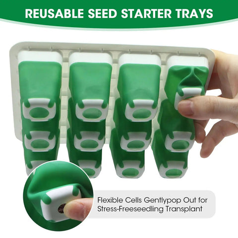 Self Watering Seed Starter Tray With 8 LED Grow Light Reusable 60 Cell Germination Kit shown with flexible silicone cells popped out