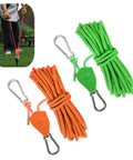Two Pack High Strength Pulley Camping Ropes With Adjustable Windproof Ratchet Straps shown in orange and green