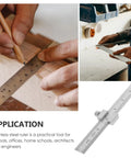Close-up of Stainless Steel Ruler With Clip Stopper used for woodworking, showcasing precision machinist straight edge and clear measurements.