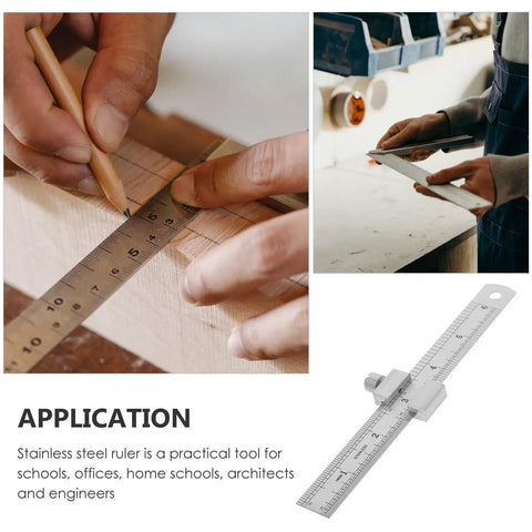 Close-up of Stainless Steel Ruler With Clip Stopper used for woodworking, showcasing precision machinist straight edge and clear measurements.