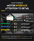 Detailed view of motor interface with wiring details for a 3000W 72V brushless motor, including temperature sensor and 6mm² wires.