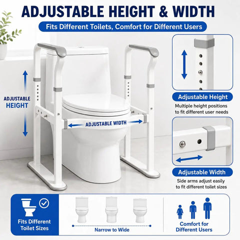 Rock Solid Toilet Safety Rails For Seniors With Adjustable Height And Width No Drill Install Heavy Duty Metal Frame Large Oval Base And Built In Night Light Grips For Handicapped adjustable height and width features on a toilet safety rail.