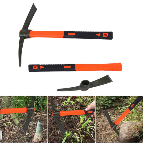 Heavy Duty Mattock With Fiberglass Handle For Digging, Breaking Hard Soil, Landscaping, Camping, Paving, shown in use outdoors.