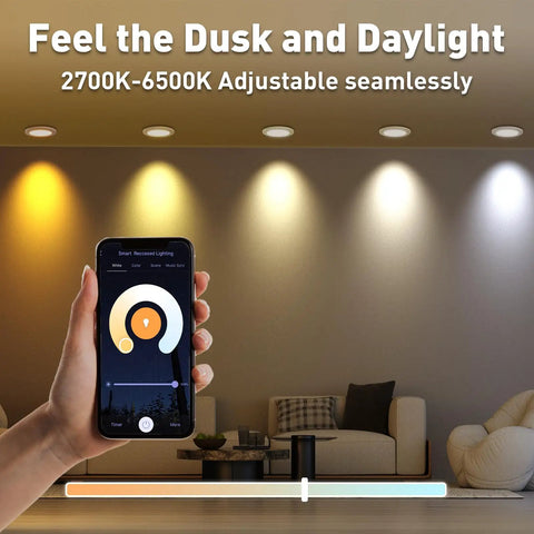 Ultra Thin 6 Inch Recessed LED Lights 6 Pack RGBCW with smart phone control, showcasing adjustable 2700K to 6500K color temperature