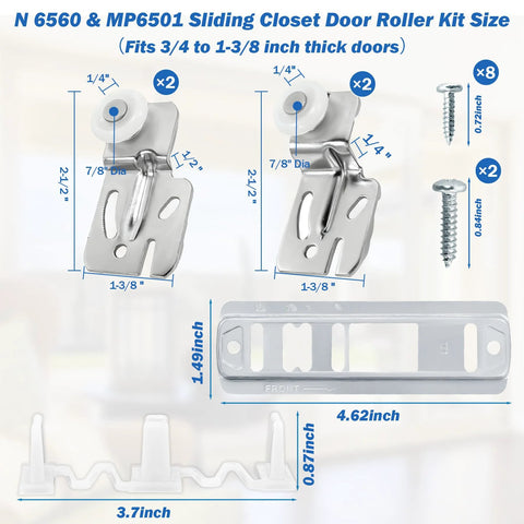5 Piece Sliding Closet Door Roller Kit With MP6501 Rollers And N 6560 Floor Guide, showing rollers, guide, and screws