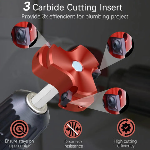 JYINCPED PVC Fitting Saver 3/4 Inch pipe reamer with triple blade carbide inserts on drill for plumbing efficiency