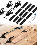 Heavy Duty Four Way Pressure Panel Clamps Deliver Boss Level Grip For No Sweat Setup On Any Woodworking Project Keeping Tabletop Seam Gluing Hella Secure Always 2 Pack set, black clamps and mounting hardware on wood surface.