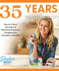 Smiling woman holding supplement, Doctor's Best bottle on table, 35 Years Trusted Quality branding in background.