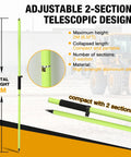 Rock Solid Aluminum Survey Pole Six Point Five Foot Long Rugged Gps Rover Rod Built Tough For RTK GNSS Measurements And Prism Attachments Standard Five Eighth Inch Thread Perfect For Field Crews Daily Hustle showing its 2-section telescopic design and maximum height of 2M.