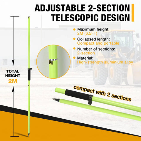 Rock Solid Aluminum Survey Pole Six Point Five Foot Long Rugged Gps Rover Rod Built Tough For RTK GNSS Measurements And Prism Attachments Standard Five Eighth Inch Thread Perfect For Field Crews Daily Hustle showing its 2-section telescopic design and maximum height of 2M.