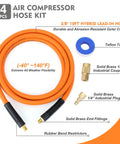 High Performance Hybrid Air Compressor Hose 3 8 By 10 Ft Kink Resistant Whip Line with solid brass fittings and Teflon tape.