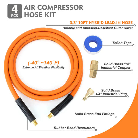 High Performance Hybrid Air Compressor Hose 3 8 By 10 Ft Kink Resistant Whip Line with solid brass fittings and Teflon tape.