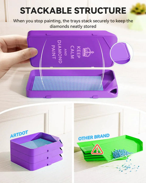 30 Piece Stackable Tray Set For Diamond Art Kits With Interlocking Trays And Tools For Adults Purple Color, showing spill prevention