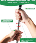 Demonstrating Adjustable Dual Length Golf Clubs - holding telescoping shaft, adjusting from 16.54 to 36.65 inches.