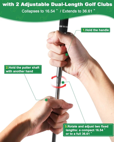 Demonstrating Adjustable Dual Length Golf Clubs - holding telescoping shaft, adjusting from 16.54 to 36.65 inches.