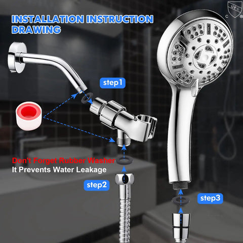 Installation guide for High-Pressure 9-Function Handheld Showerhead Kit With 59-Inch Hose Adjustable Bracket Rubber Washers