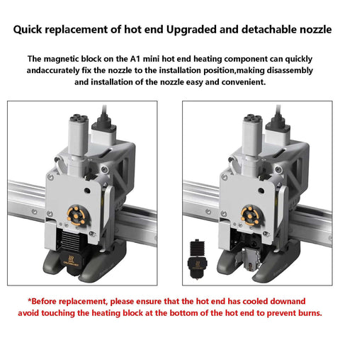 Hotend Upgrade Kit For A1 Mini And A1 3D Printers with 0.2mm Hardened Steel Nozzle, silicone socks, heating block, detachable nozzle