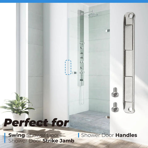 Stainless Steel U Channel Shower Door Magnet With Screws for swing doors and strike jamb, with durable hardware, front view.