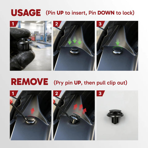 Usage instructions for Nissan And Infiniti Push Retainer Clips Kit 121Pcs with removal tool for bumper splash shield fender liner panels.