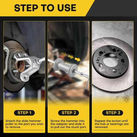 Guide showing steps to use Nine Way Two Thirds Jaw Bearing Hub Gear Seal Remover Tool And Nineteen Piece Heavy Duty Slide Hammer Puller Kit