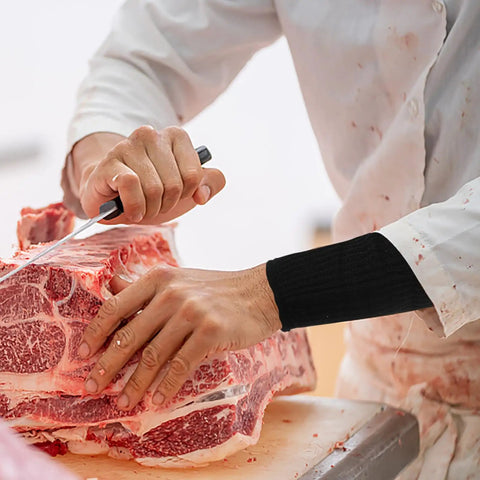 High Density Cut Resistant Arm Sleeves Two Pack Legit Tough As Nails Forearm Guards used while cutting meat for safety.