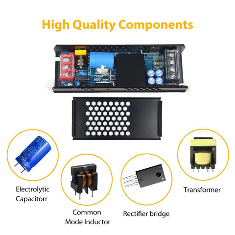 Inside view of Ultra Compact 12 Volt 10 Amp 120 Watt Switching Power Supply, showing high quality components like capacitors and transformer.