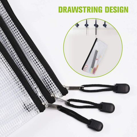 12 Pack Waterproof Zipper File Folders With Tear-Resistant PVC Pouches A4 Document Organizer Bags shown with drawstring design