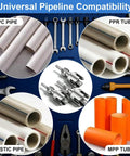 Universal compatibility of pipe threading tool with PVC, PPR, plastic, and MPP tubes shown with drill attachments.
